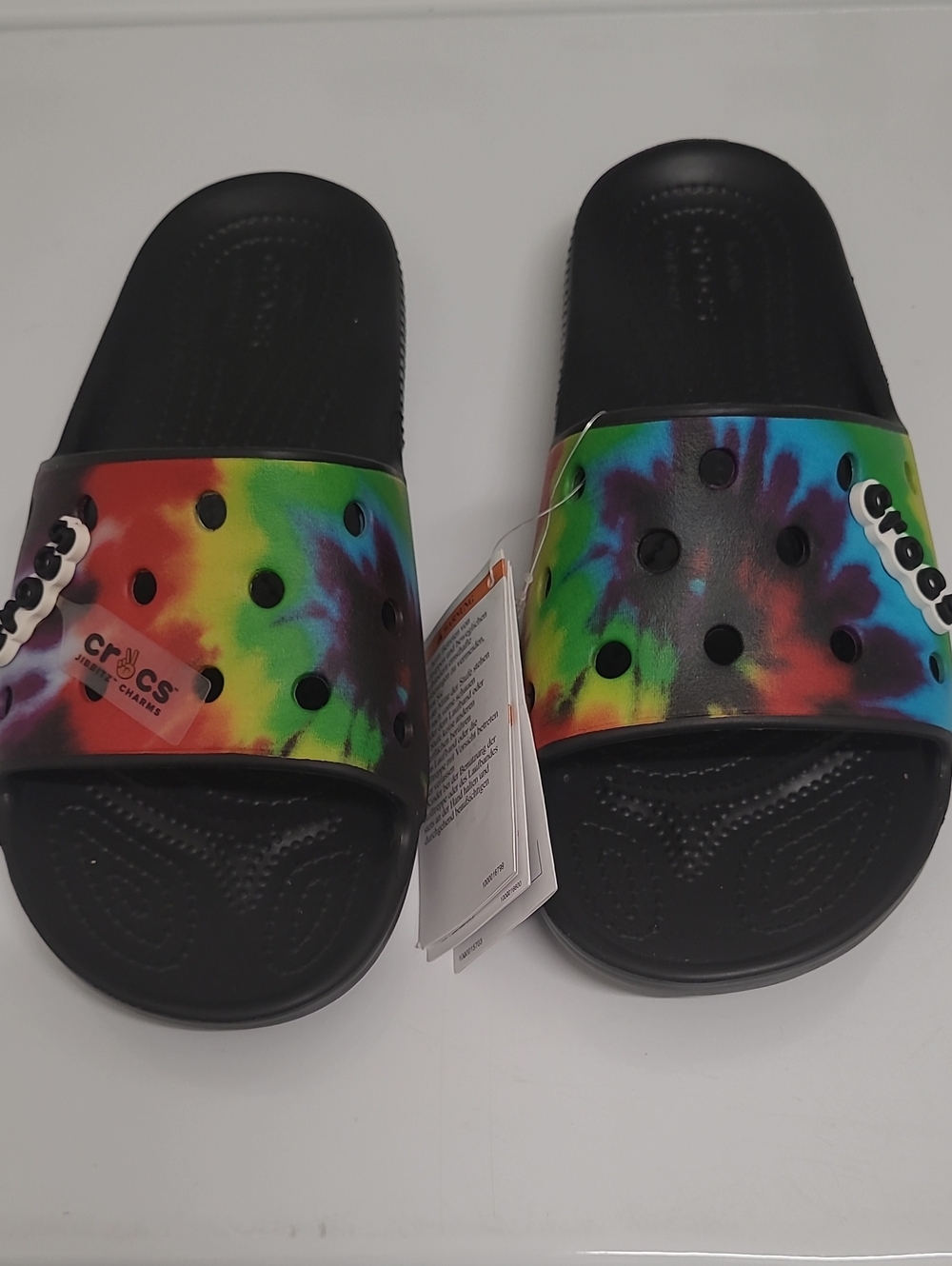 CROCS  Tie-Dye Slide Sandals - Black with Rainbow Tie-Dye Strap